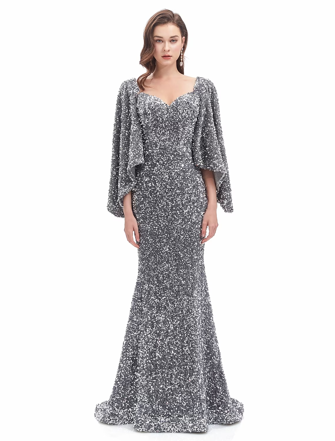 Detailed view of the shimmering fabric and design of the formal mermaid dress.
