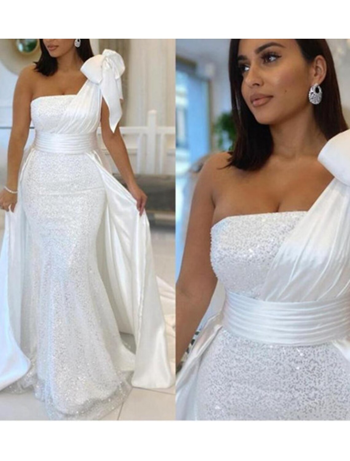 Glamorous navy blue mermaid evening gown with one shoulder neckline and sequin details.