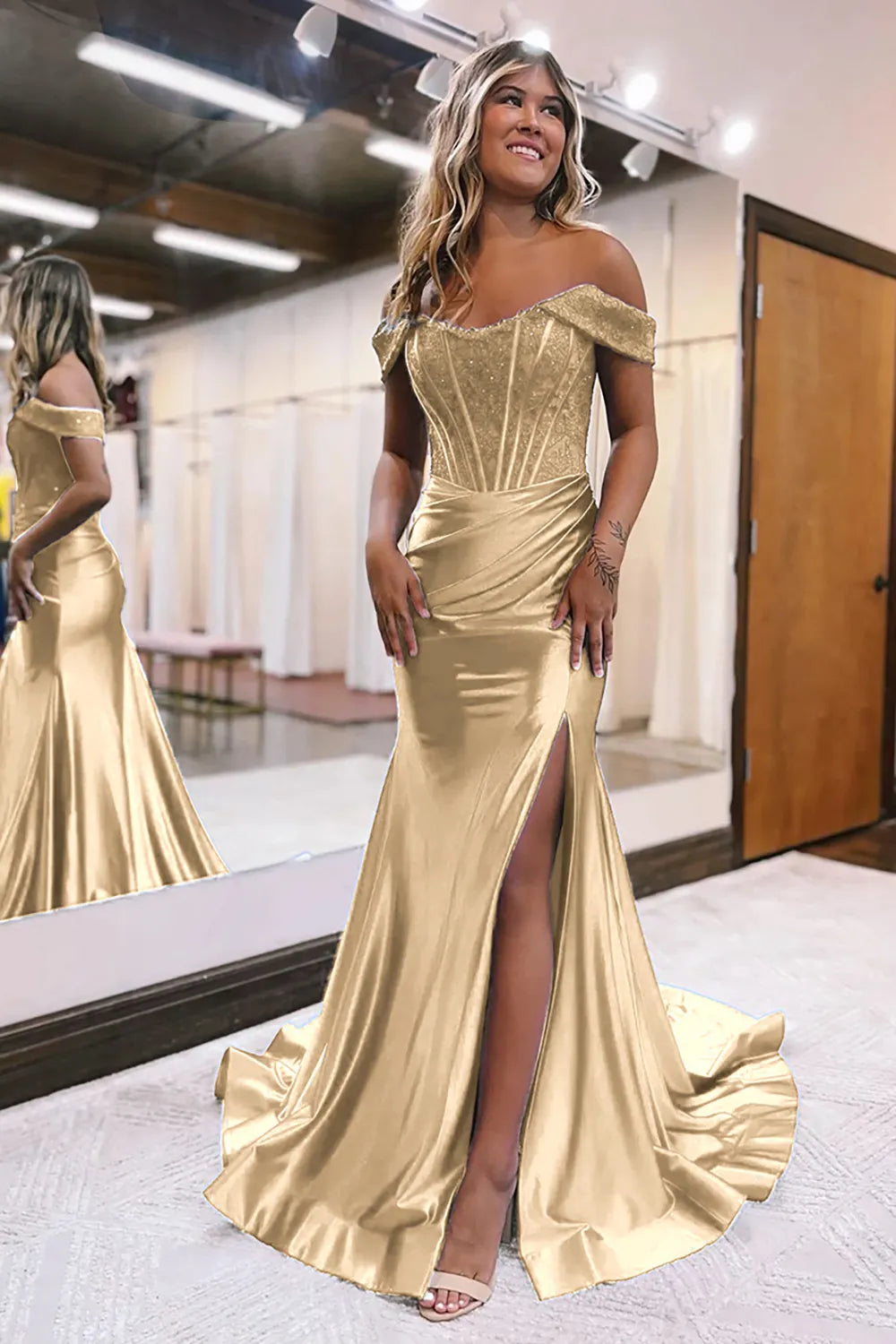 Model in a gold off-shoulder mermaid formal dress.