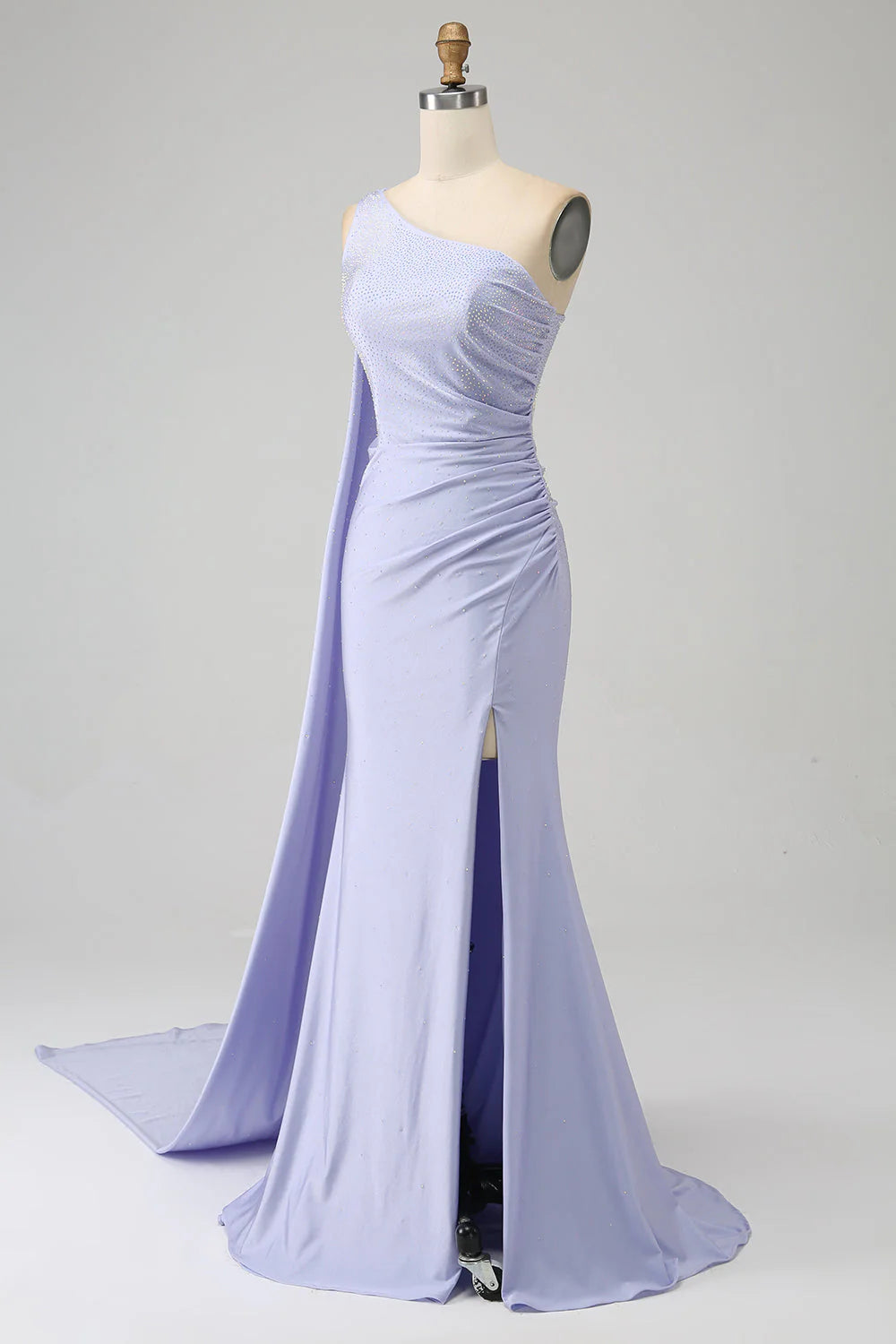 Full length view of the mermaid prom dress, showcasing the one-shoulder design.