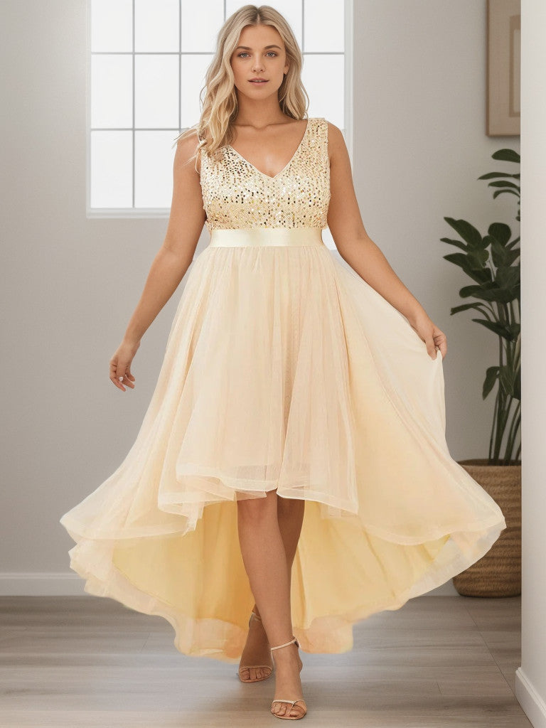 Gold plus size sequin tulle high low evening dress.