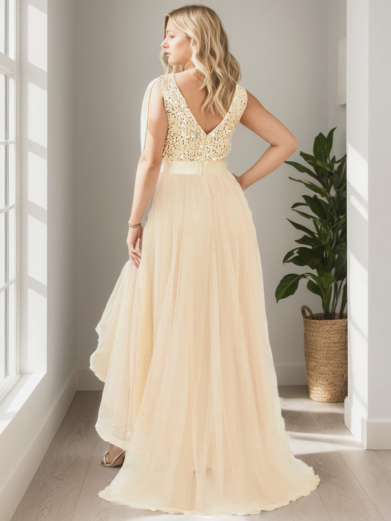 Gold plus size sequin tulle high low evening dress.