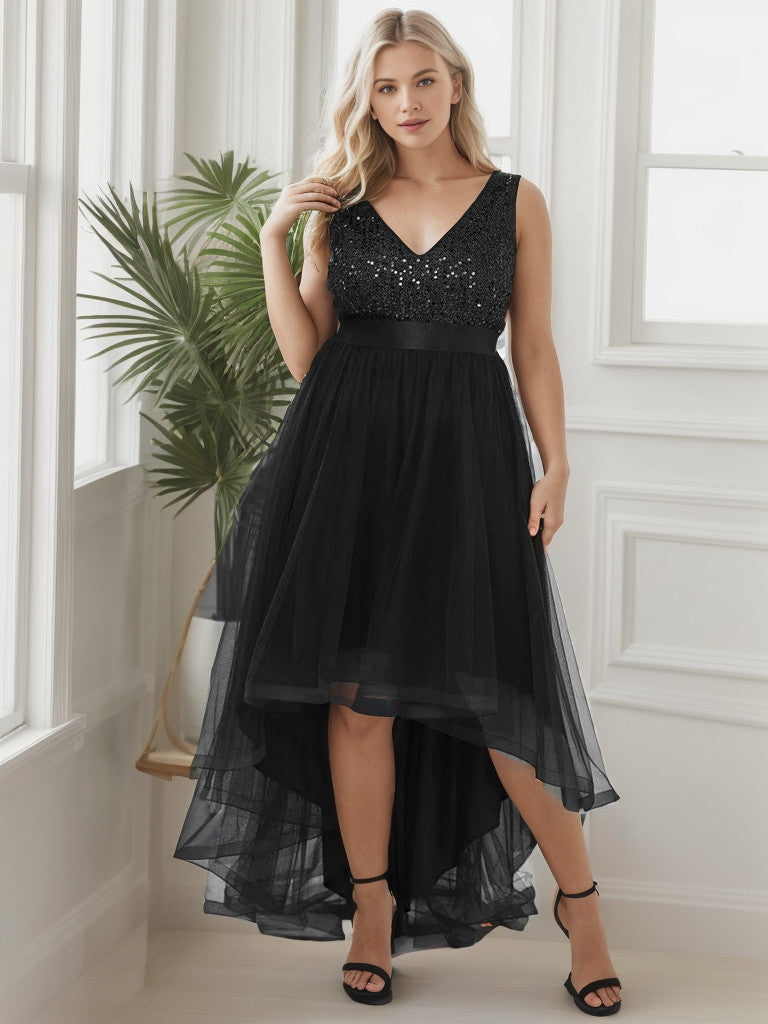 Black plus size sequin tulle high low evening dress.