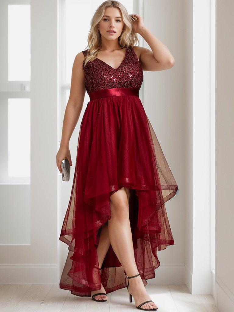 Burgundy plus size sequin tulle high low evening dress.