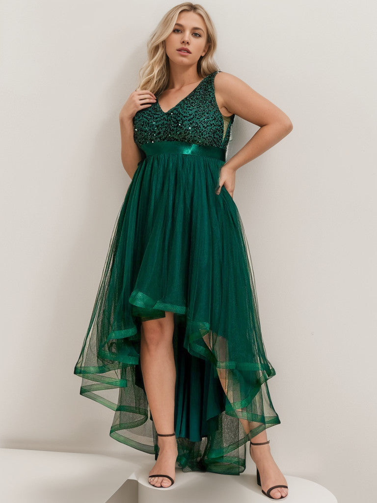Dark green plus size sequin tulle high low evening dress.
