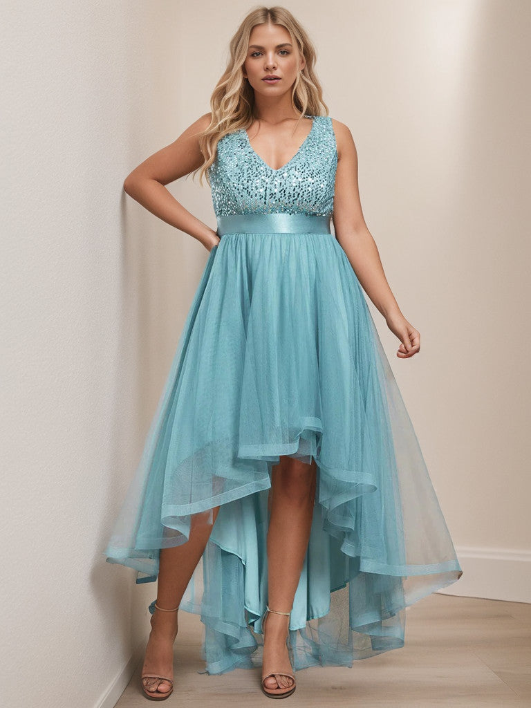 Dusty blue plus size sequin tulle high low evening dress.