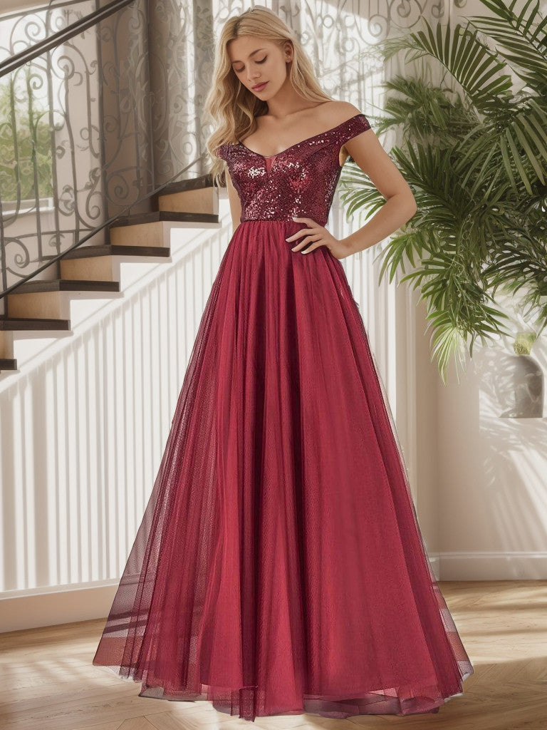 Burgundy off-shoulder maxi evening dress with sequin bodice.