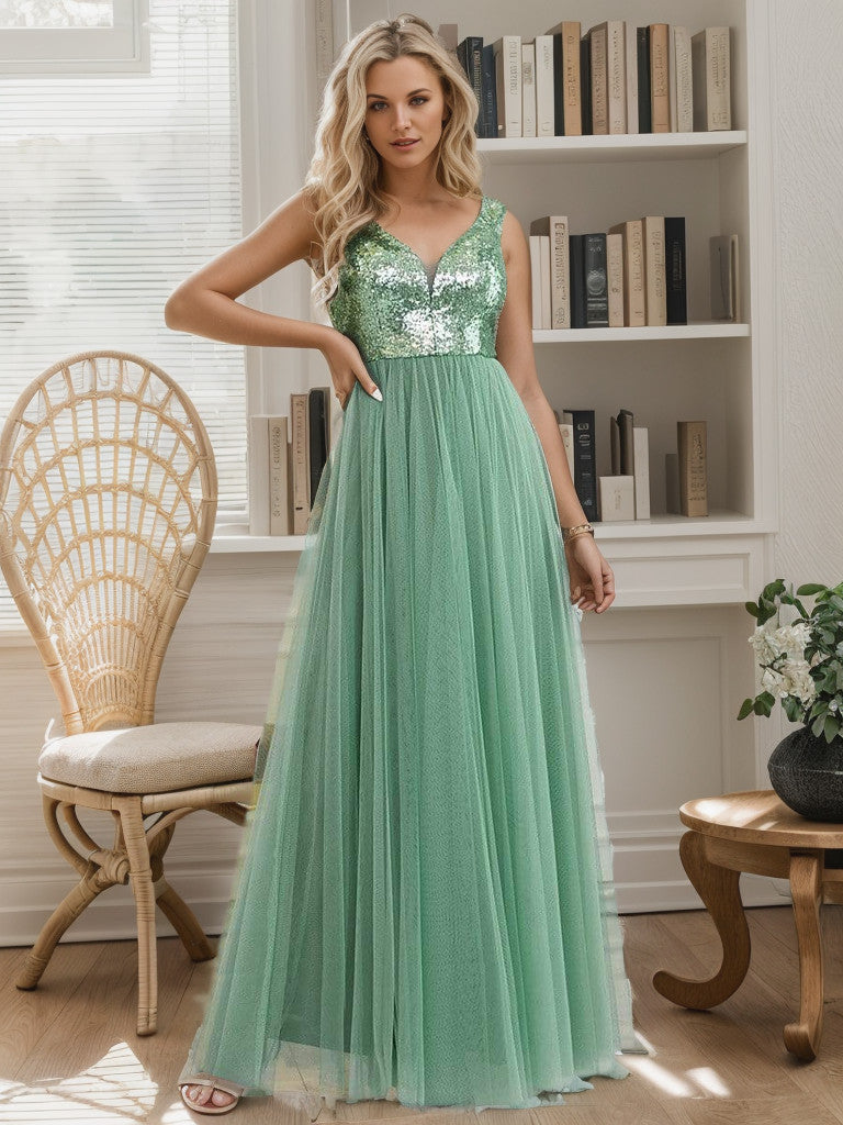 Green bean off-shoulder maxi evening dress with sequin bodice.