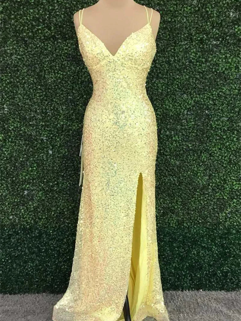 Glamorous sequined mermaid V-neck prom dress with a high slit.