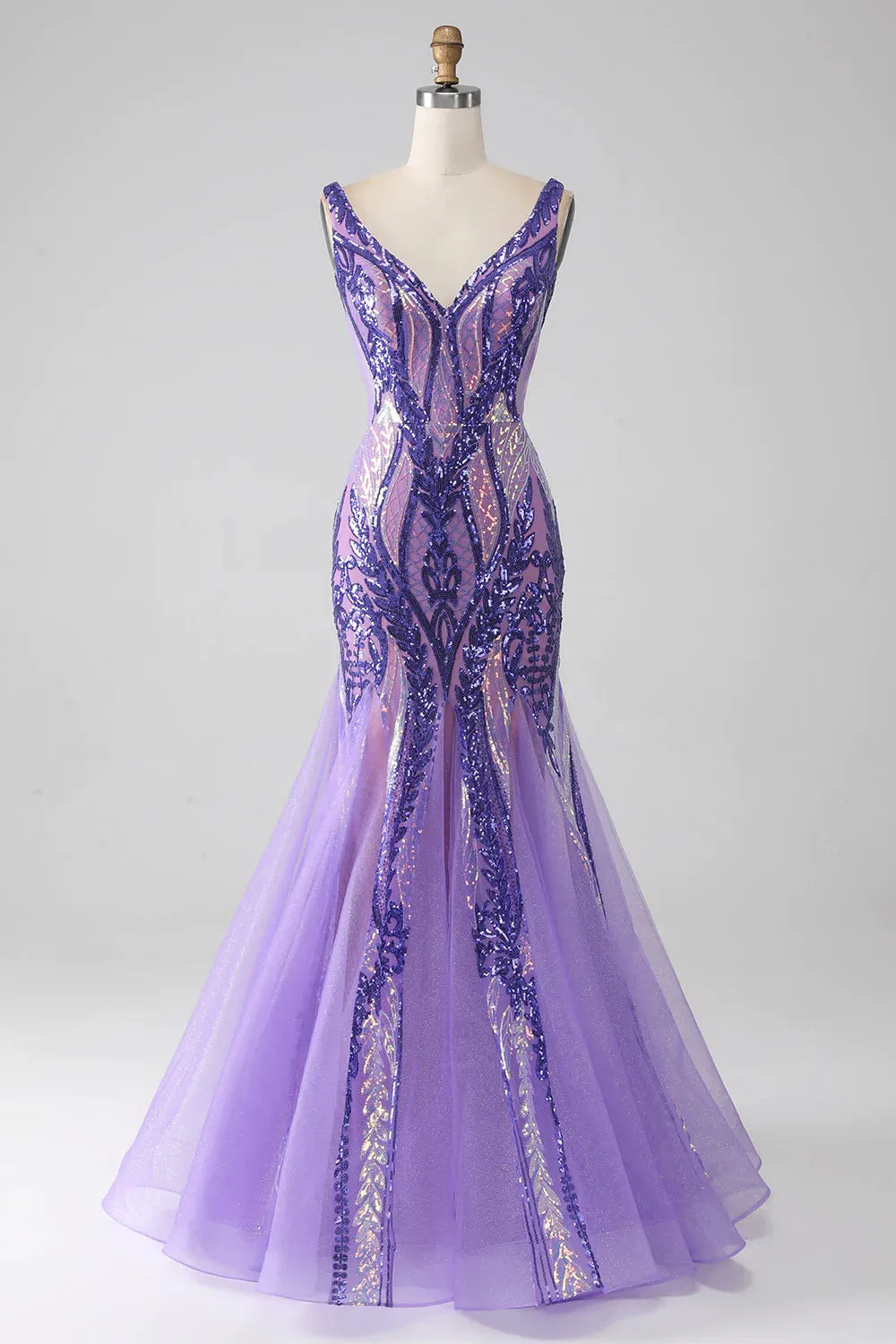Long sequin prom dress, back view, elegant silhouette.