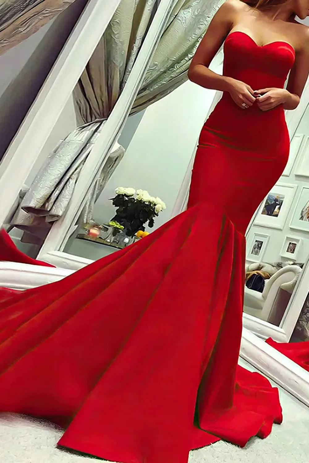Glamorous strapless mermaid satin long prom dress, full view.