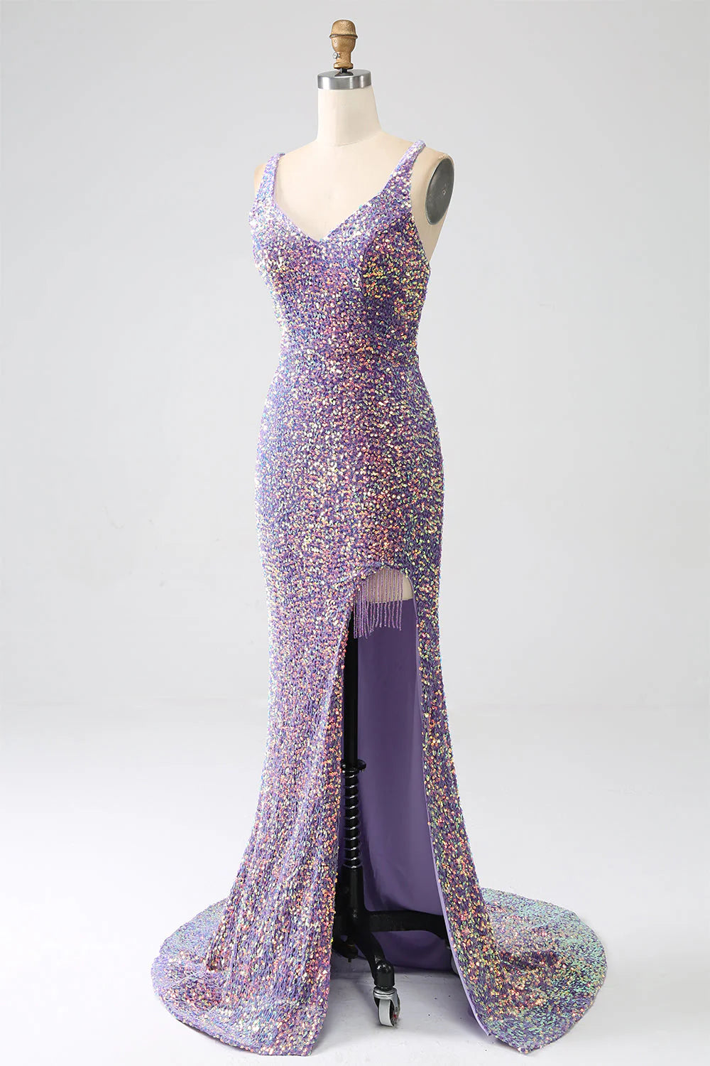 Back view of the light purple mermaid prom dress, highlighting the shimmering sequin details.