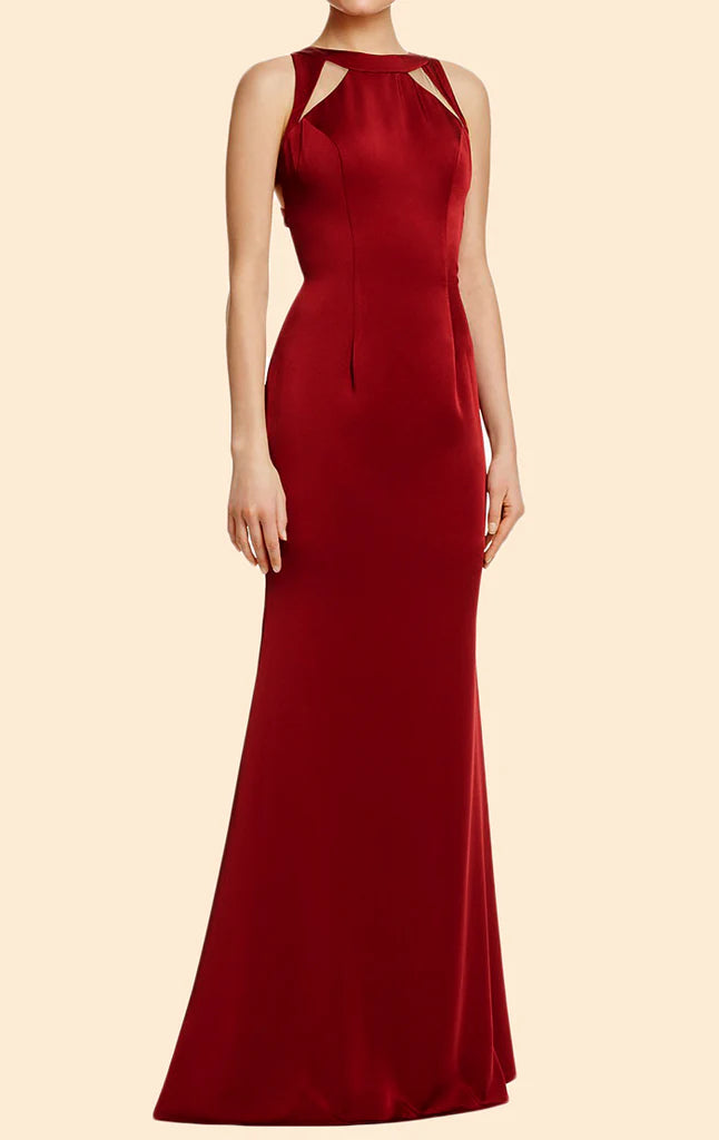 Woman wearing an elegant V-neck sheath long satin prom dress.