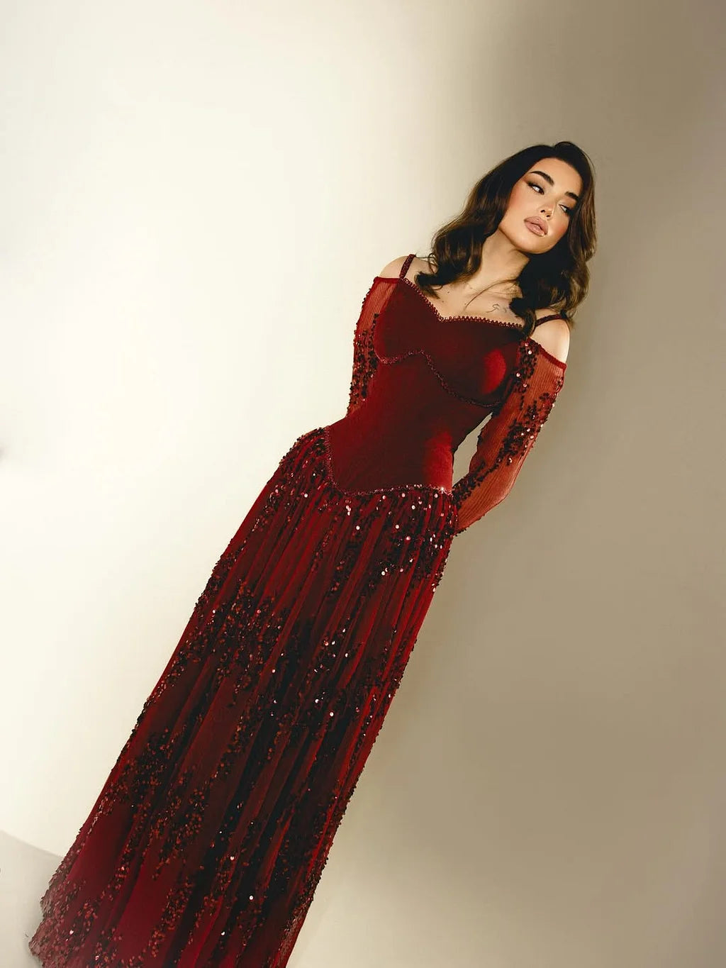 Glamorous Cold Shoulder Long Sheer Sleeve Beaded Sequin Velvet Bodice Ball Gown Maxi Prom Dress With Overskirt Train For Formal Evening Red Carpet