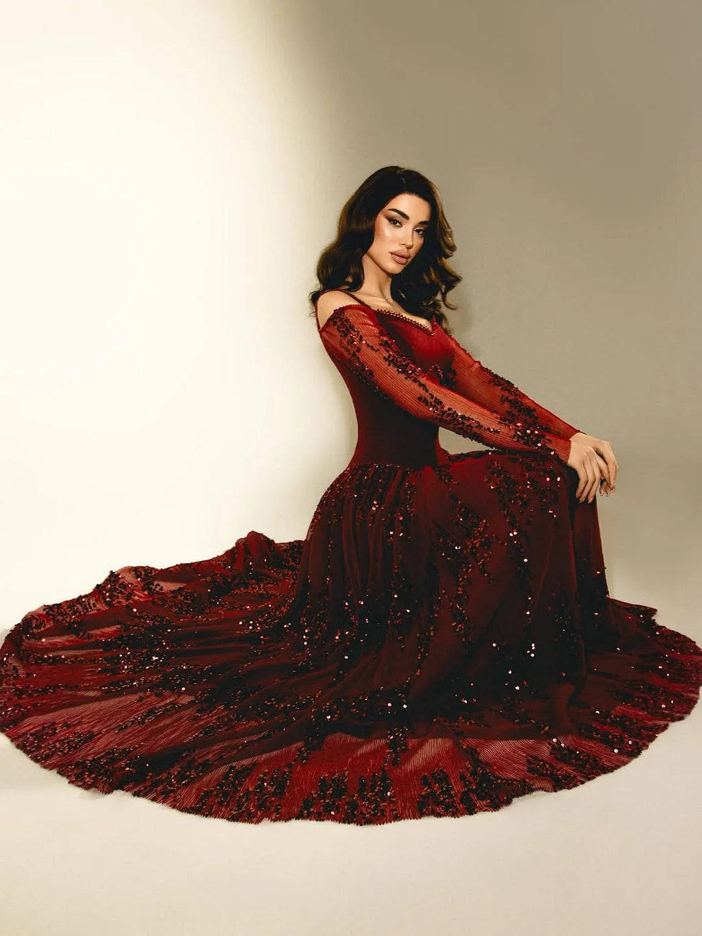 Glamorous Cold Shoulder Long Sheer Sleeve Beaded Sequin Velvet Bodice Ball Gown Maxi Prom Dress With Overskirt Train For Formal Evening Red Carpet