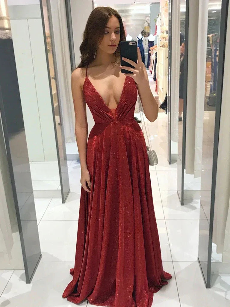 Glamorous Deep V Neck Spaghetti Strap Lace Up Back Glitter A-Line Maxi Prom Dress