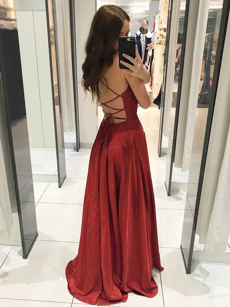 Glamorous Deep V Neck Spaghetti Strap Lace Up Back Glitter A-Line Maxi Prom Dress