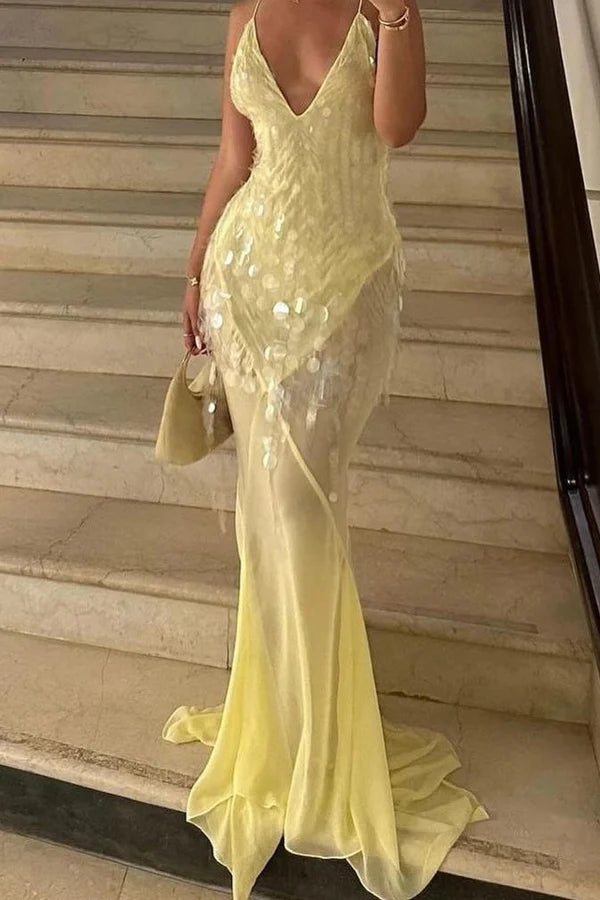 Glamorous Deep V Neck Spaghetti Strap Sequin Fringe Sheer Mesh Mermaid Maxi Prom Dress With Cross Tie Back And Train For Formal Evening