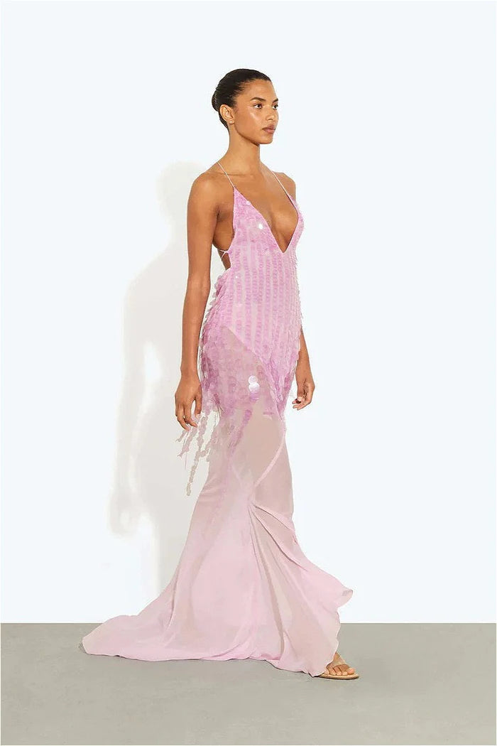 Glamorous Deep V Neck Spaghetti Strap Sequin Fringe Sheer Mesh Mermaid Maxi Prom Dress With Cross Tie Back And Train For Formal Evening