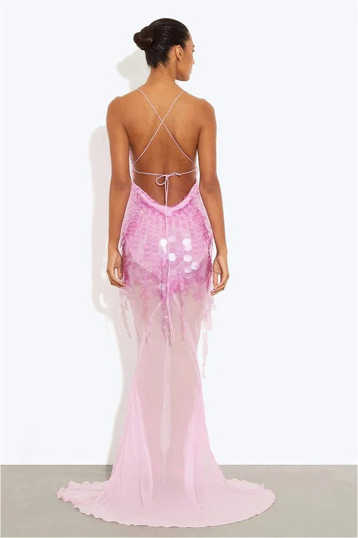 Glamorous Deep V Neck Spaghetti Strap Sequin Fringe Sheer Mesh Mermaid Maxi Prom Dress With Cross Tie Back And Train For Formal Evening