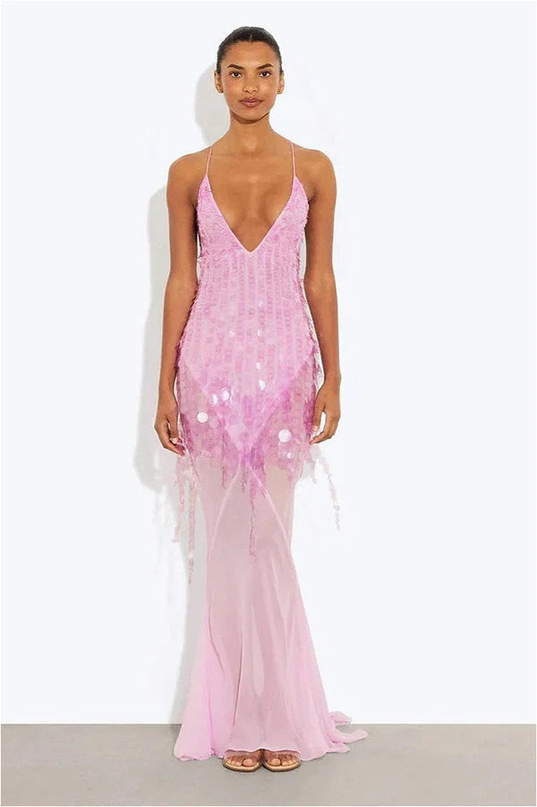 Glamorous Deep V Neck Spaghetti Strap Sequin Fringe Sheer Mesh Mermaid Maxi Prom Dress With Cross Tie Back And Train For Formal Evening