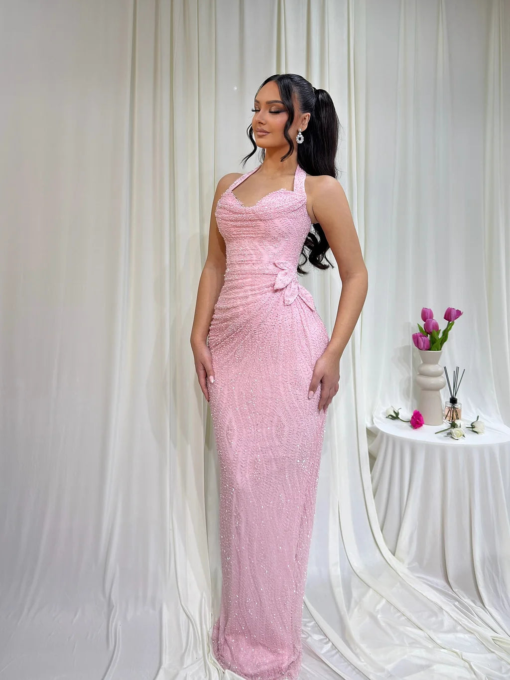 Glamorous Halter Neck Cowl Back Beaded Ruched Mermaid Maxi Prom Dress