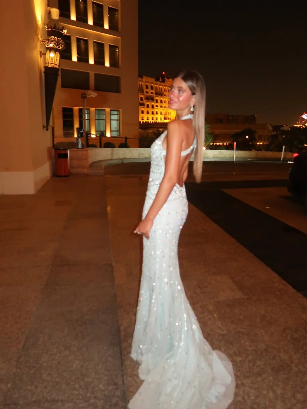 Glamorous Halter Neck Deep V Open Back Beaded Mermaid Maxi Prom Dress with Train