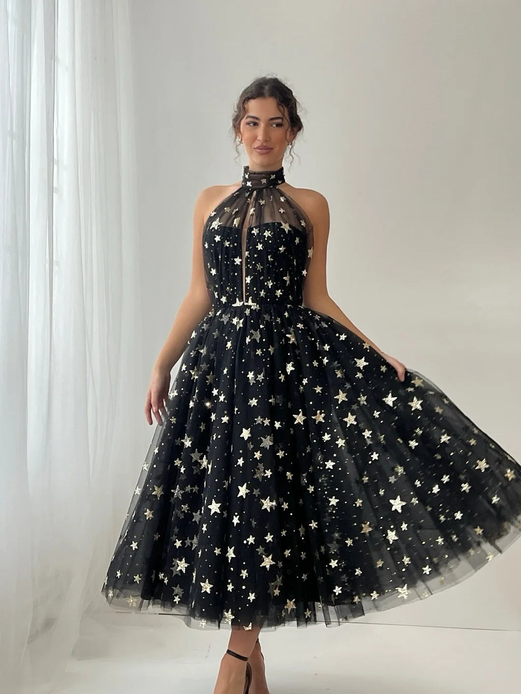 Glamorous Halter Neck Star Print Tulle A-Line Midi Prom Dress