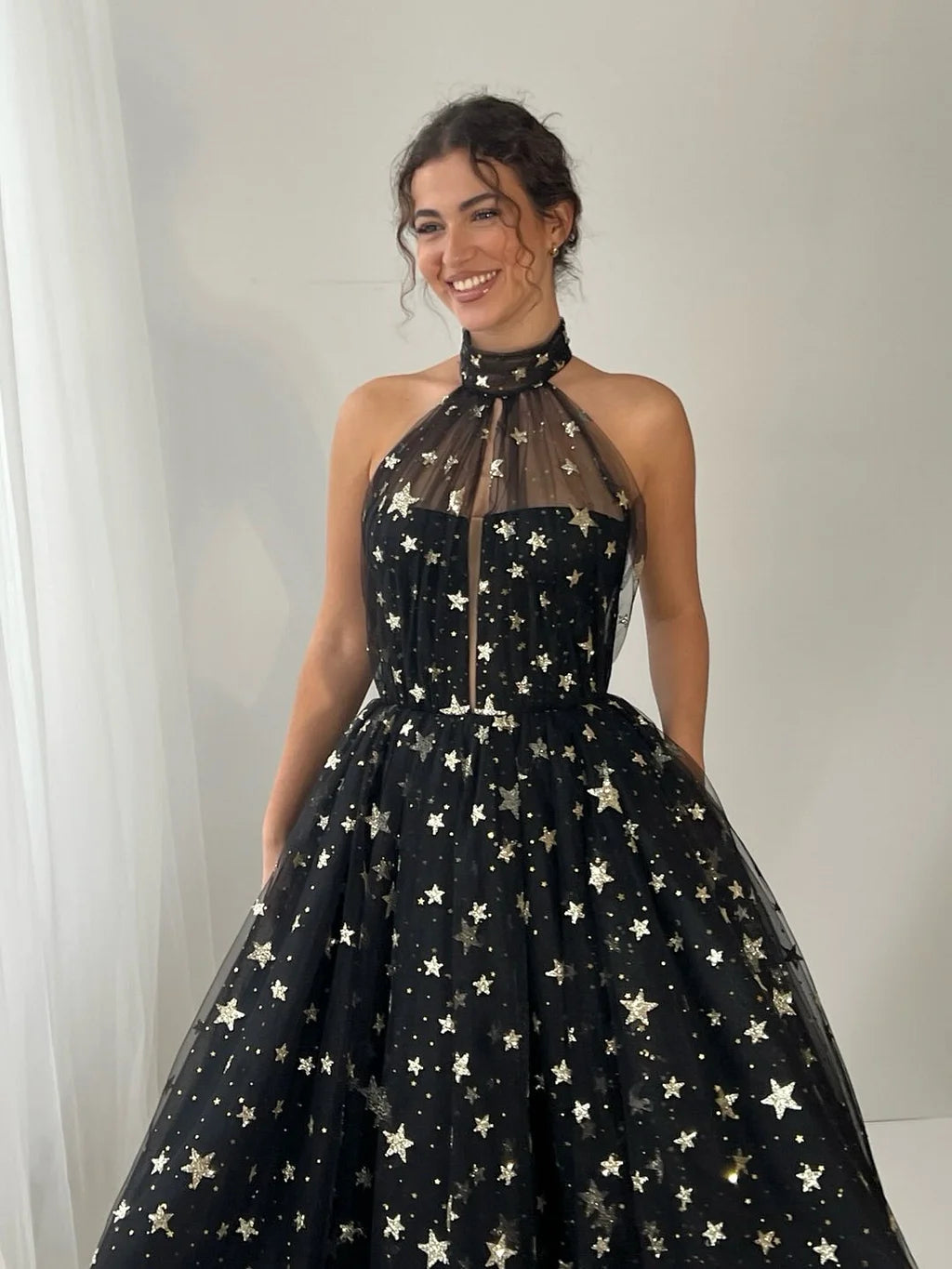 Glamorous Halter Neck Star Print Tulle A-Line Midi Prom Dress