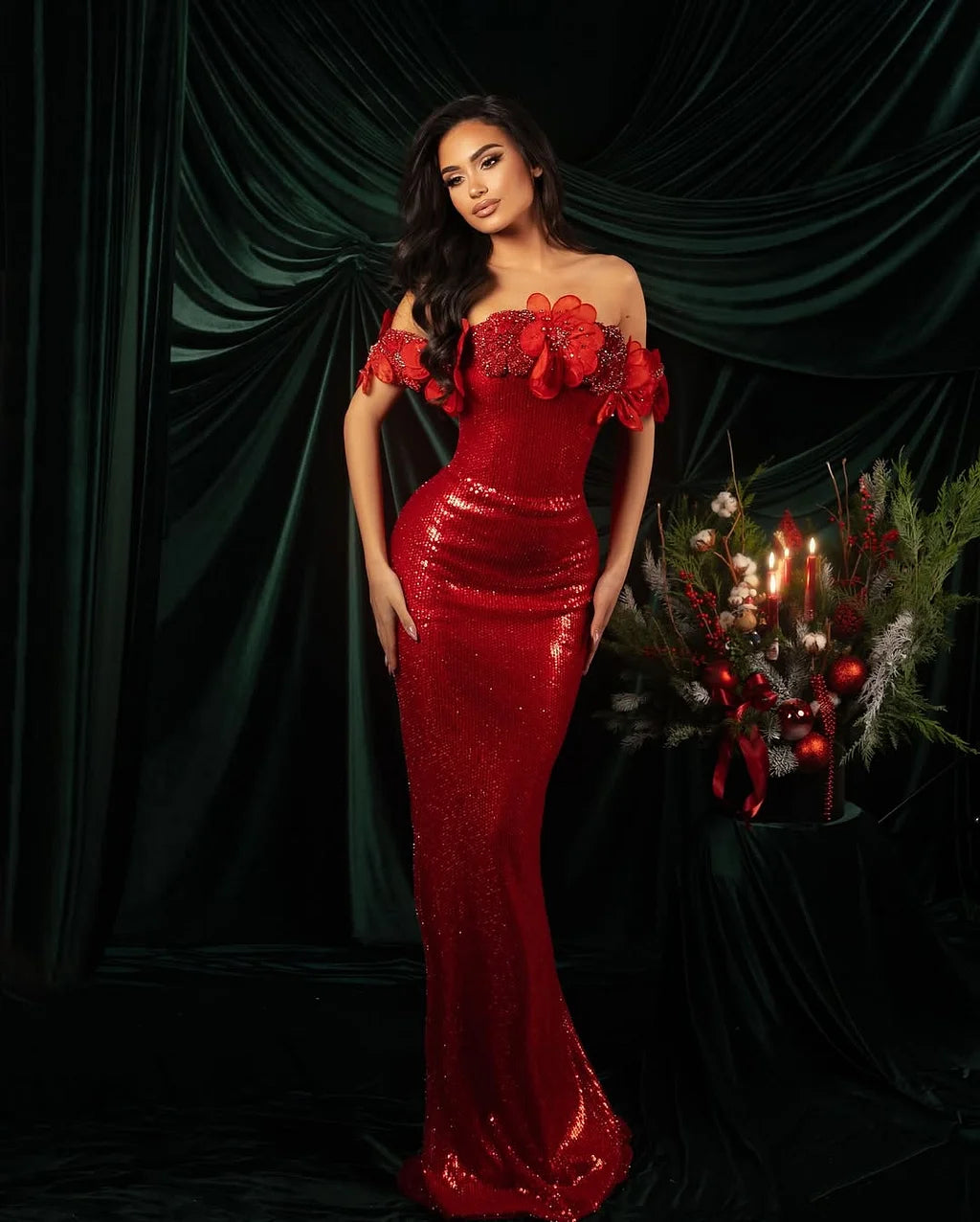 Glamorous Off The Shoulder 3D Flower Sequin Mermaid Maxi Prom Dress
