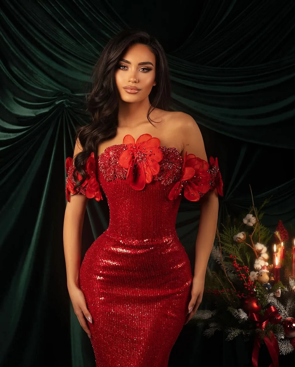 Glamorous Off The Shoulder 3D Flower Sequin Mermaid Maxi Prom Dress