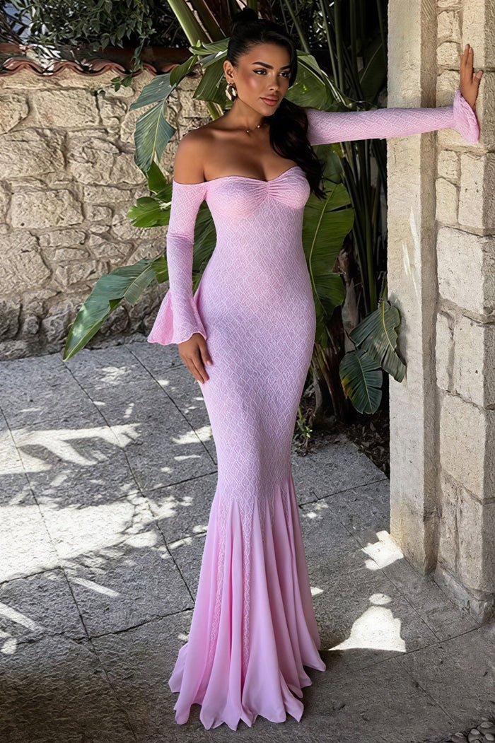 Glamorous Off The Shoulder Long Sleeve Flare Cuff Textured Fabric Mermaid Maxi Prom Dress With Ruffle Hem For Formal Evening