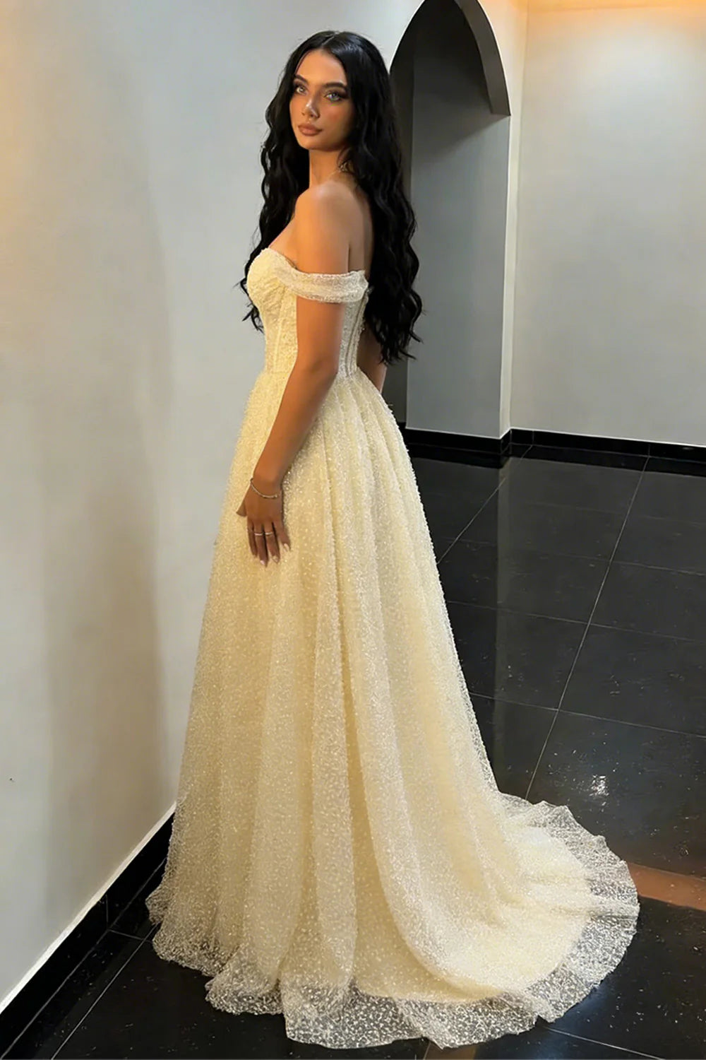 Glamorous Off the Shoulder Corset Bodice Glitter Tulle Ball Gown Prom Dress with Sweep Train