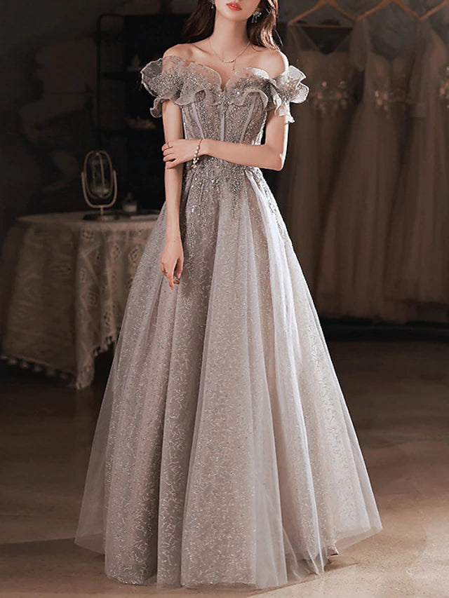 Glamorous Off the Shoulder Layered Ruffled Sleeve Beaded Floral Embellished Glitter Tulle Maxi Prom Dress