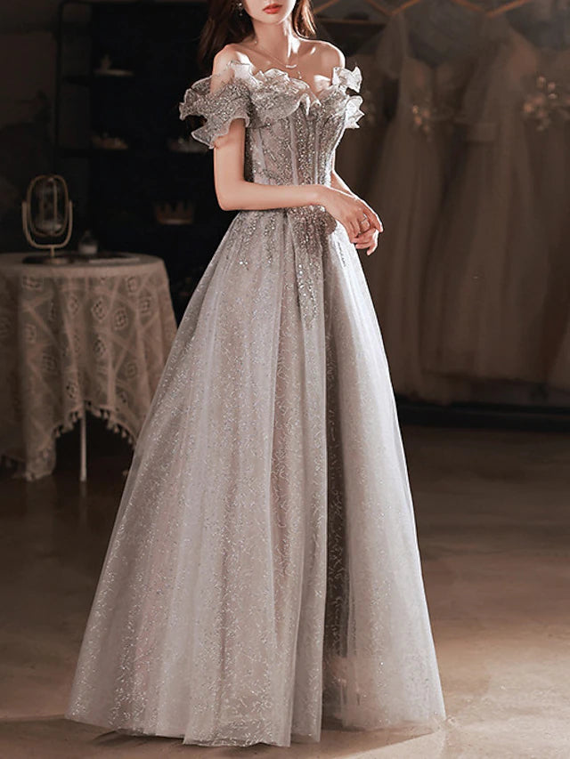 Glamorous Off the Shoulder Layered Ruffled Sleeve Beaded Floral Embellished Glitter Tulle Maxi Prom Dress
