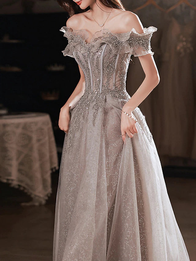 Glamorous Off the Shoulder Layered Ruffled Sleeve Beaded Floral Embellished Glitter Tulle Maxi Prom Dress