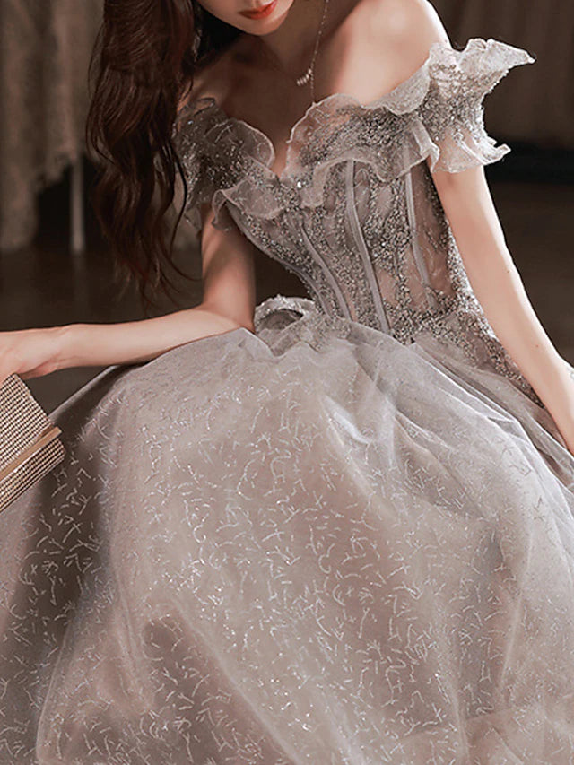 Glamorous Off the Shoulder Layered Ruffled Sleeve Beaded Floral Embellished Glitter Tulle Maxi Prom Dress
