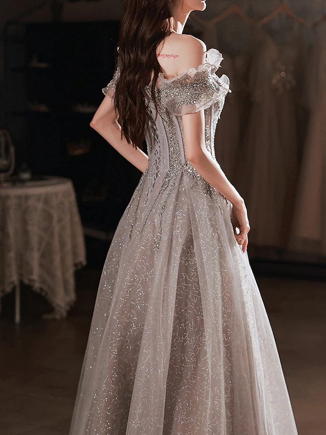 Glamorous Off the Shoulder Layered Ruffled Sleeve Beaded Floral Embellished Glitter Tulle Maxi Prom Dress