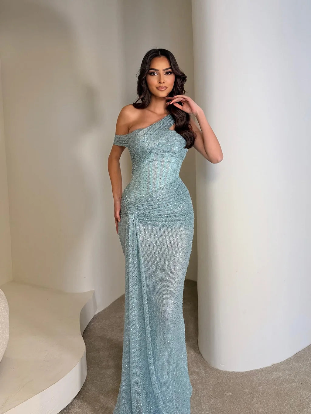 Glamorous One Shoulder Draped Beaded Ruched Mermaid Maxi Prom Dress