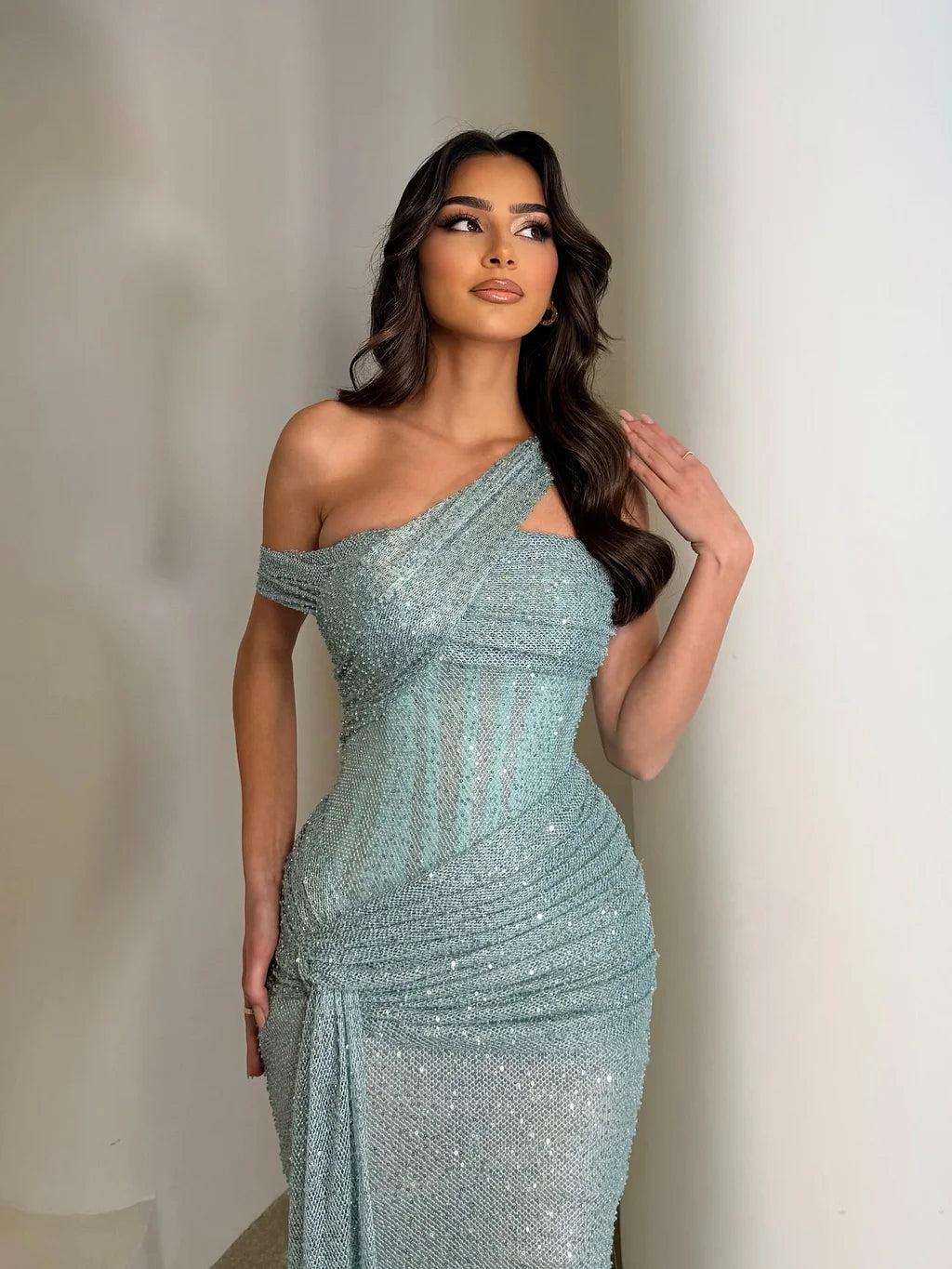 Glamorous One Shoulder Draped Beaded Ruched Mermaid Maxi Prom Dress