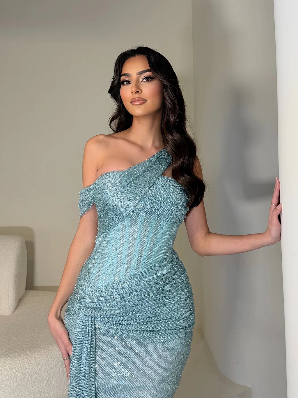 Glamorous One Shoulder Draped Beaded Ruched Mermaid Maxi Prom Dress