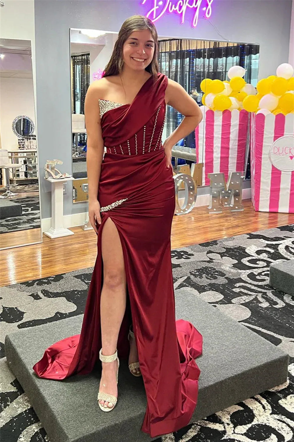 Glamorous One Shoulder Ruched Beaded High Slit Satin Mermaid Maxi Prom Dress with Train