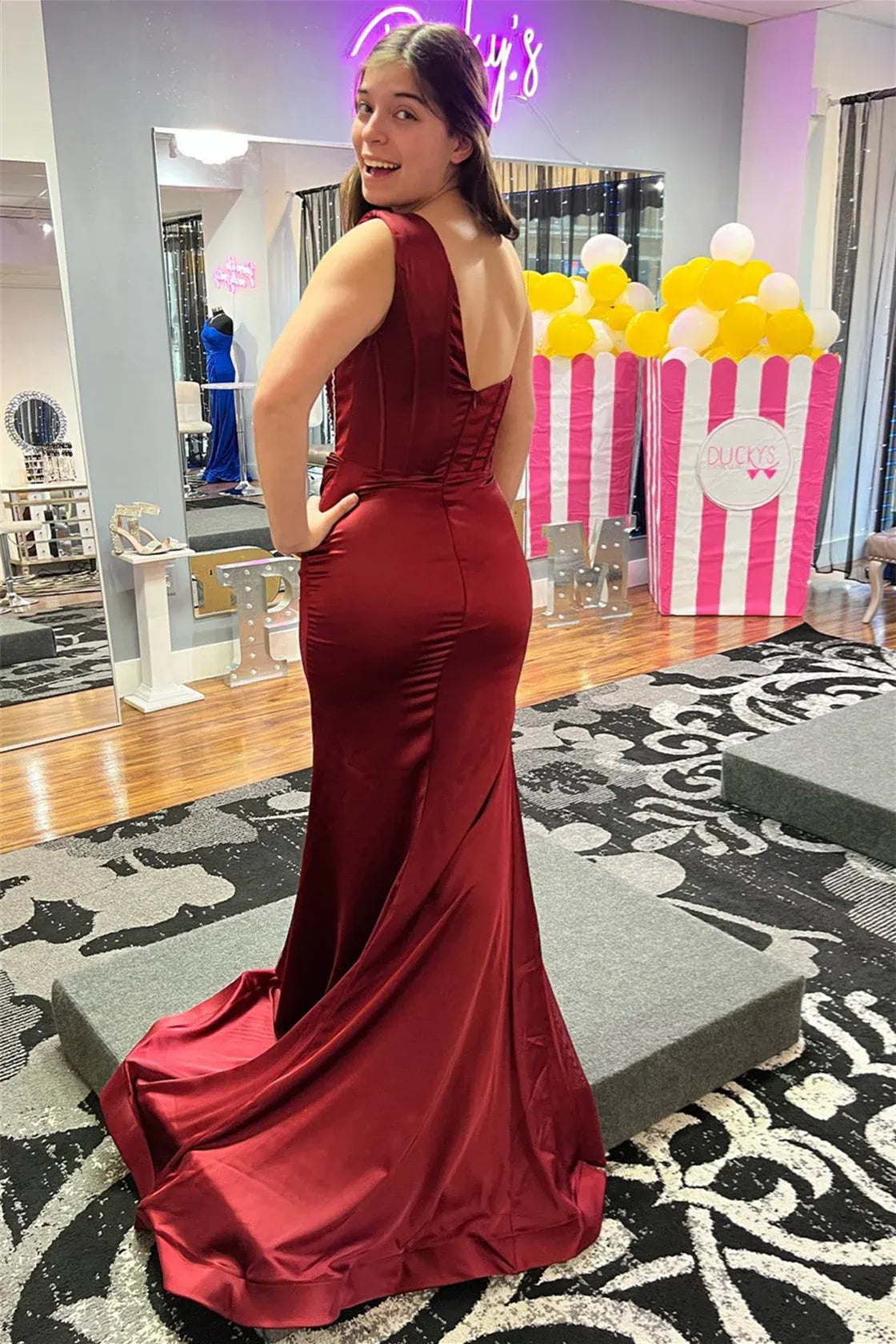 Glamorous One Shoulder Ruched Beaded High Slit Satin Mermaid Maxi Prom Dress with Train