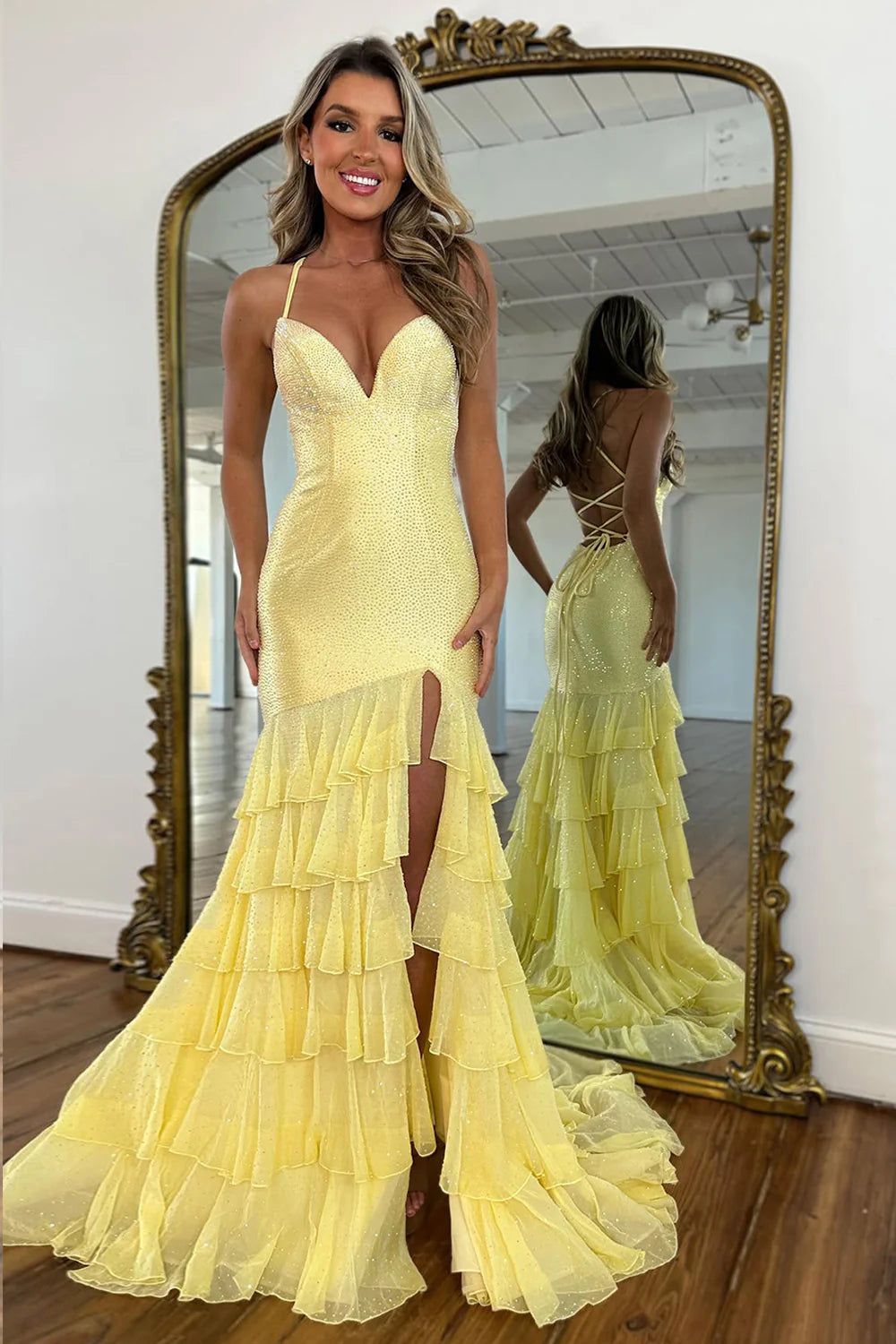 Glamorous Spaghetti Strap Beaded Mermaid Prom Dress with Ruffled Tulle Skirt High Slit and Lace Up Back