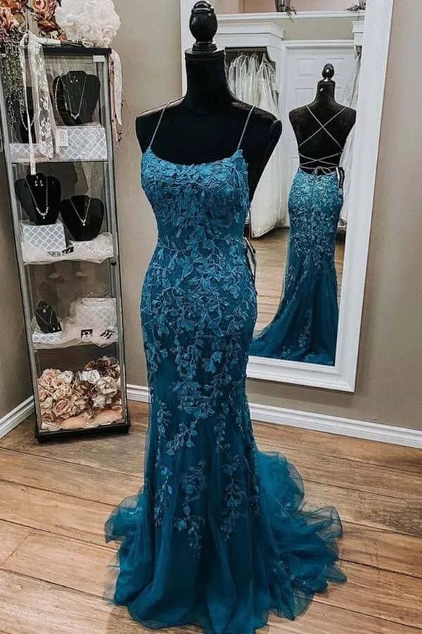 Glamorous Spaghetti Strap Crisscross Back Lace Appliqué Mermaid Maxi Prom Dress with Train