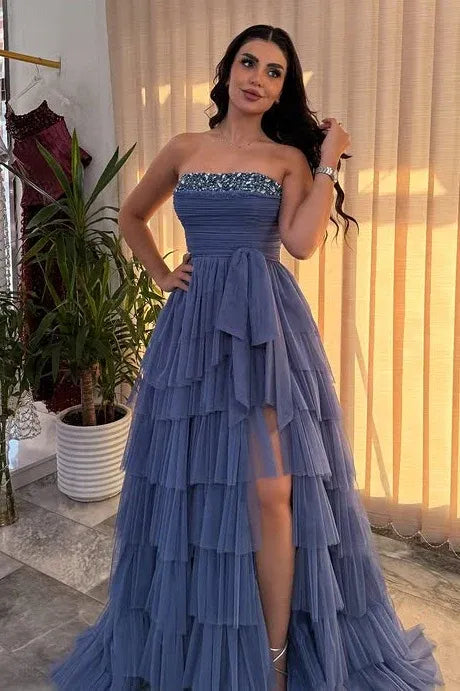 Glamorous Strapless Beaded Ruched Tiered Tulle High Slit A-Line Maxi Prom Dress with Bow