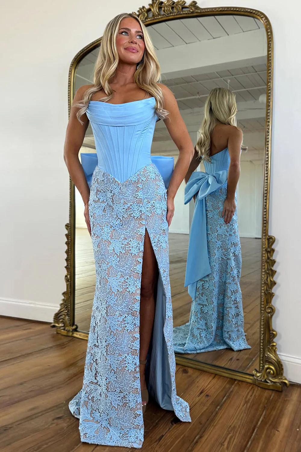 Glamorous Strapless Corset Bodice Lace Mermaid Prom Dress with Oversized Back Bow and High Slit