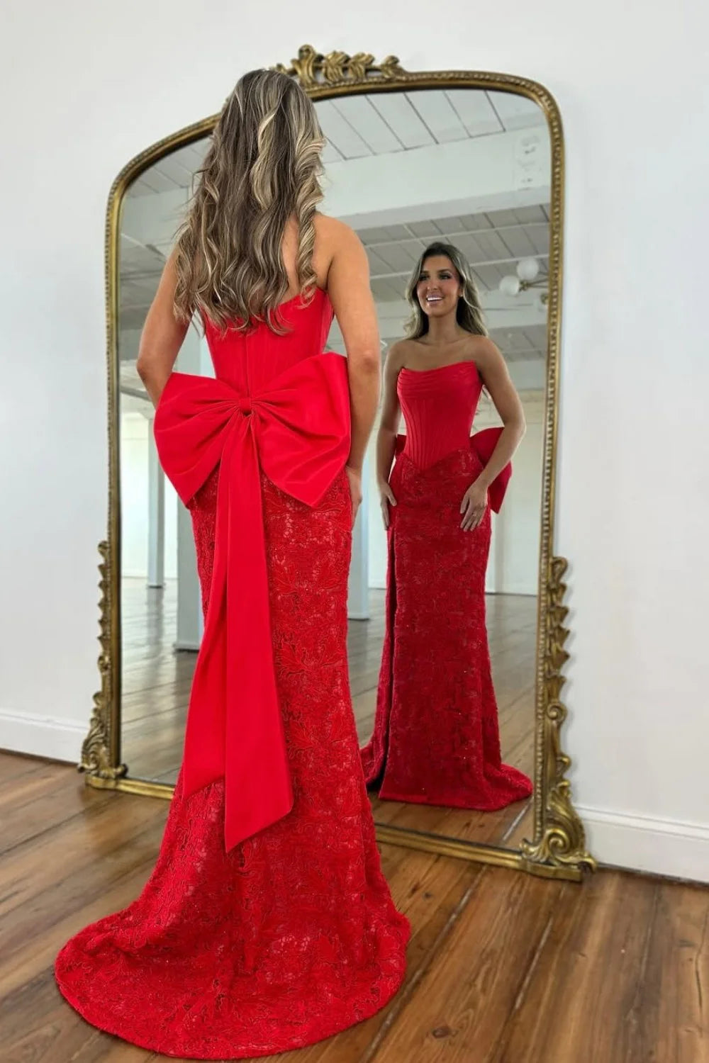 Glamorous Strapless Corset Bodice Lace Mermaid Prom Dress with Oversized Back Bow and High Slit