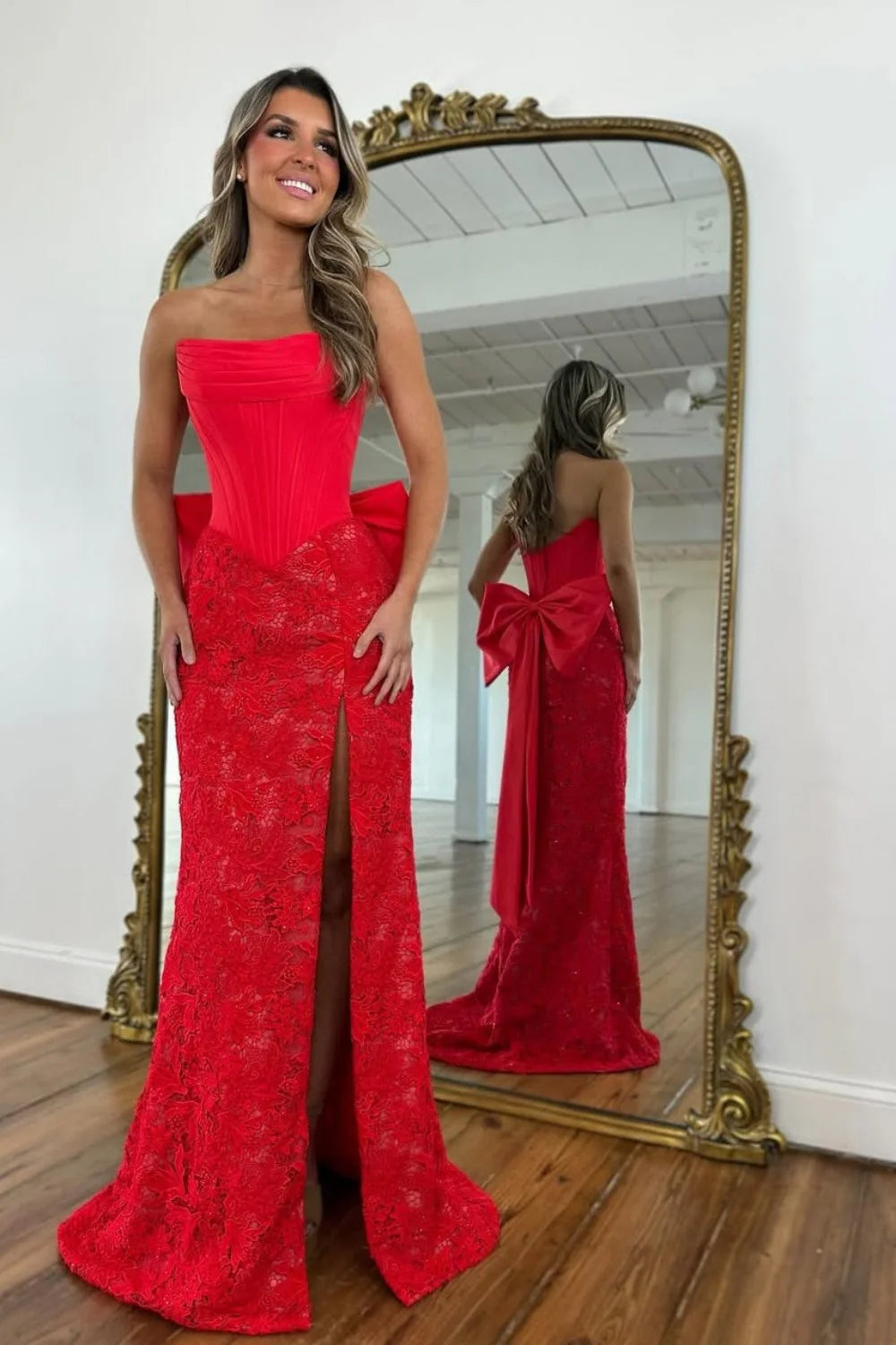 Glamorous Strapless Corset Bodice Lace Mermaid Prom Dress with Oversized Back Bow and High Slit