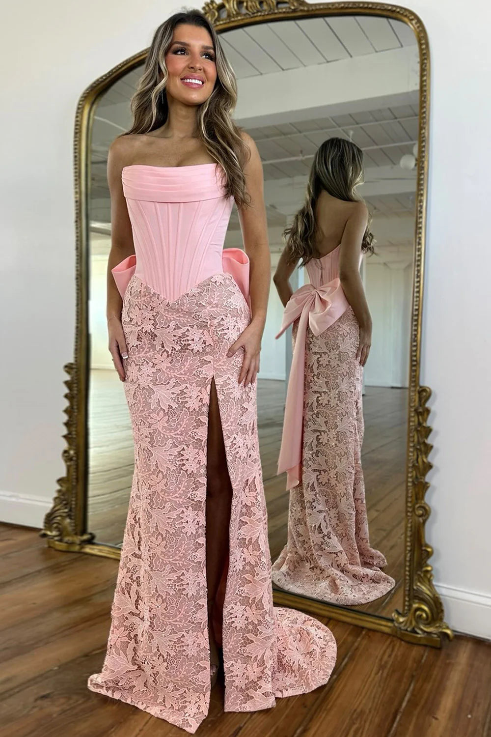 Glamorous Strapless Corset Bodice Lace Mermaid Prom Dress with Oversized Back Bow and High Slit